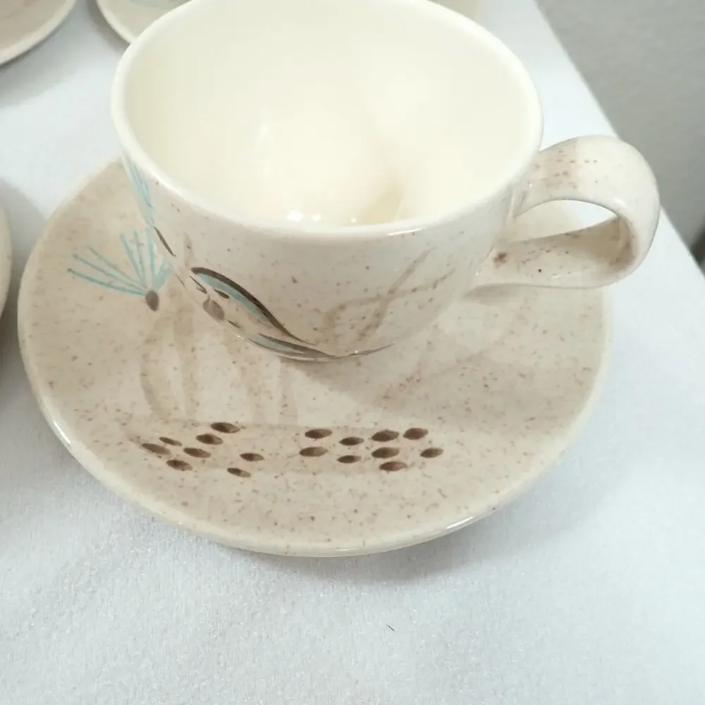 Red Wing Bob White Quail 10 Cup Saucer Sets MCM Hand Painted Pottery Vintage